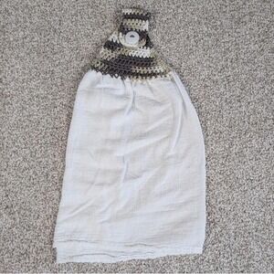 Crocheted Hanging Kitchen Towel with Button Closure - Brown and White